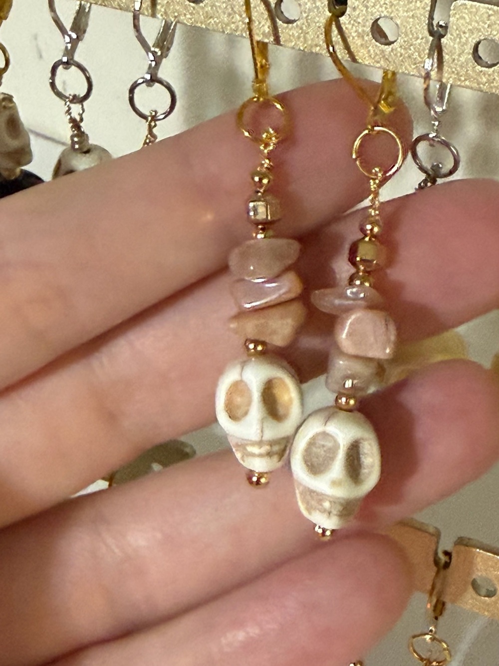 Handcrafted Gold-Tone Cream Skull and Pink Stone Drop Earrings